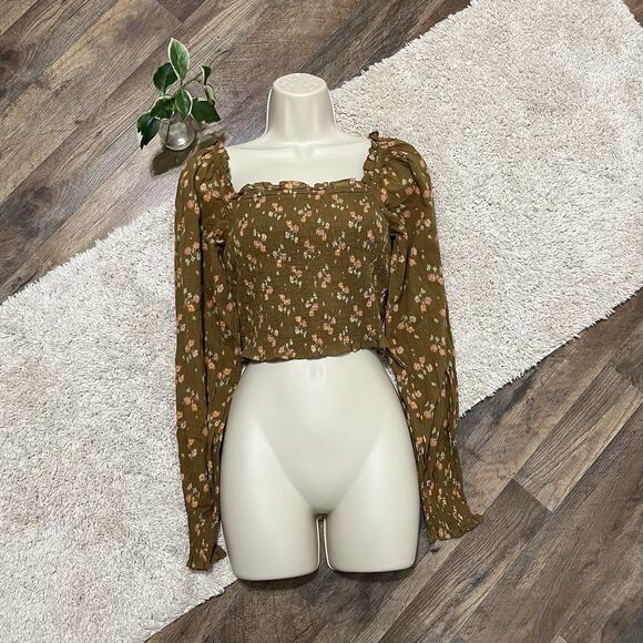 aerie Tops - Aerie Size Small Brown Floral Smocked Square Neck Crop Top NWT